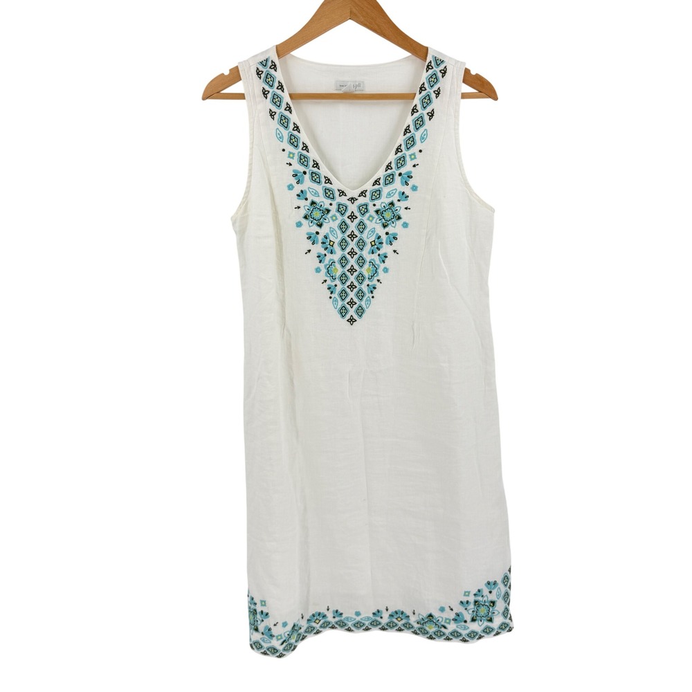 J. Jill Shift Dress Linen Embroidered Boho White Small Summer Coastal Artisan